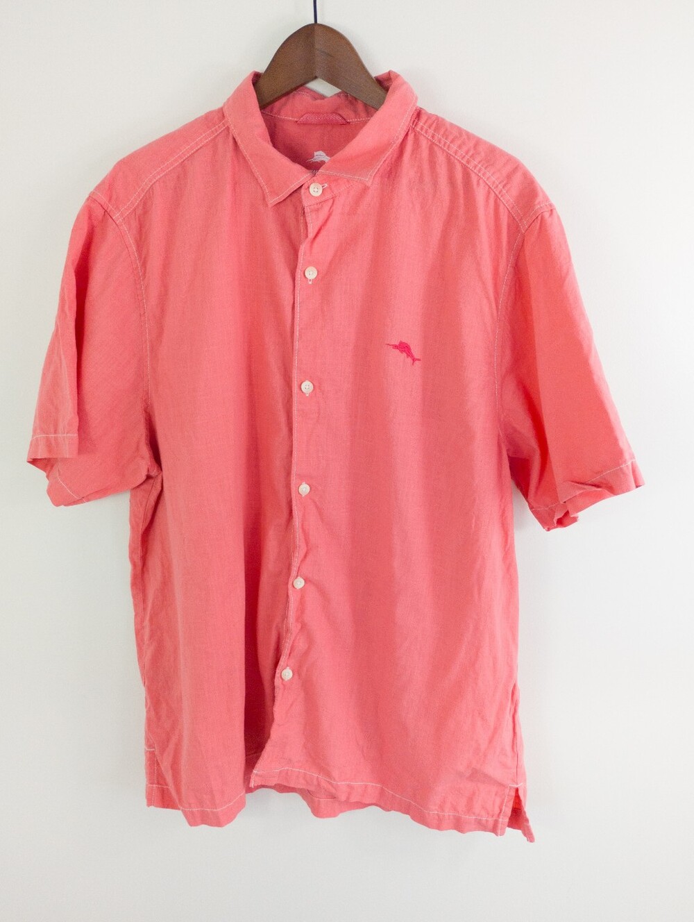 Tommy Bahama Men XL Coral Pink Short Sleeve Cotton Button Down Resort Shirt